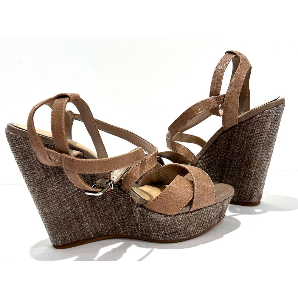Size 8.5 New Tan leather Antonio Melanie open toe ankle strap platform wedge